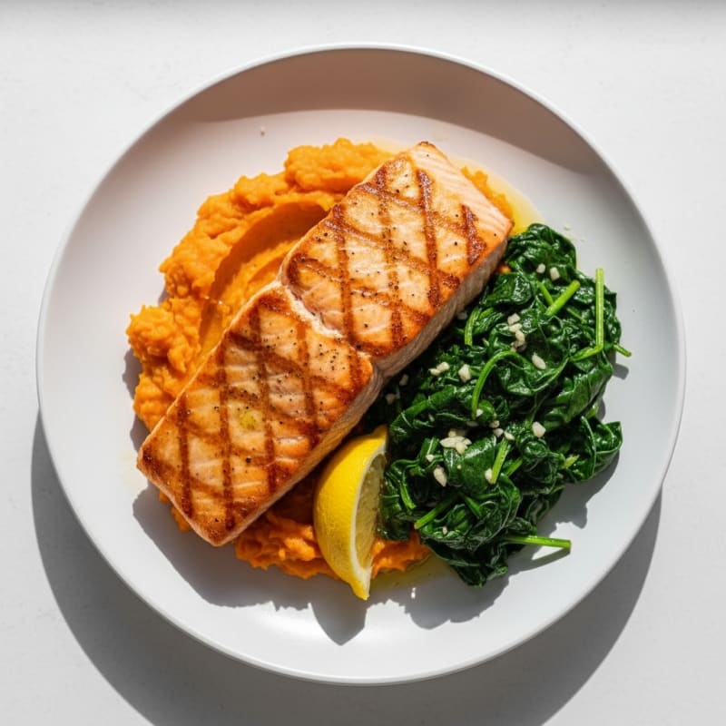 Seared Salmon with Garlic Spinach and Sweet Potato Mash