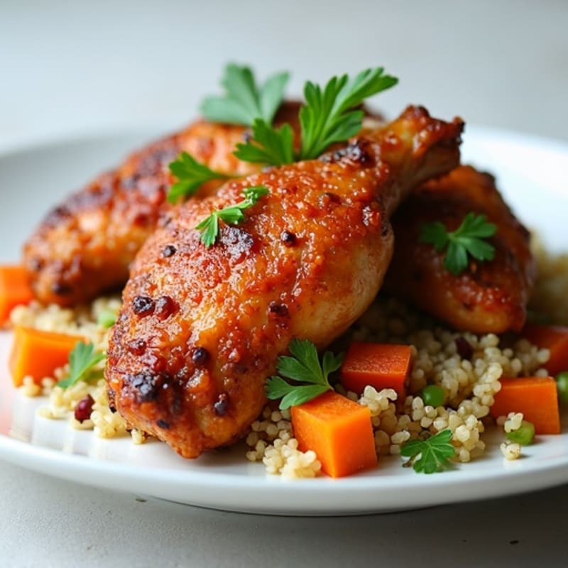 Crispy Chicken Thighs with Black Bean Glaze and Fluffy Quinoa Bulgur Pilaf
