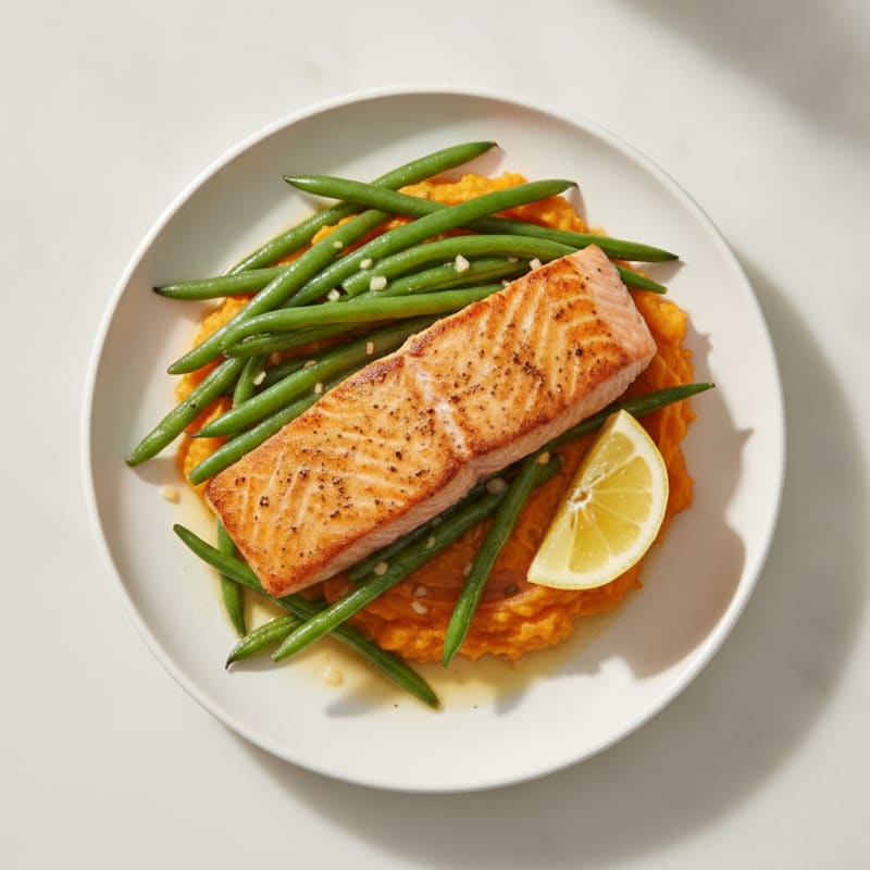 Pan Seared Salmon with Garlic Green Beans and Sweet Potato Mash