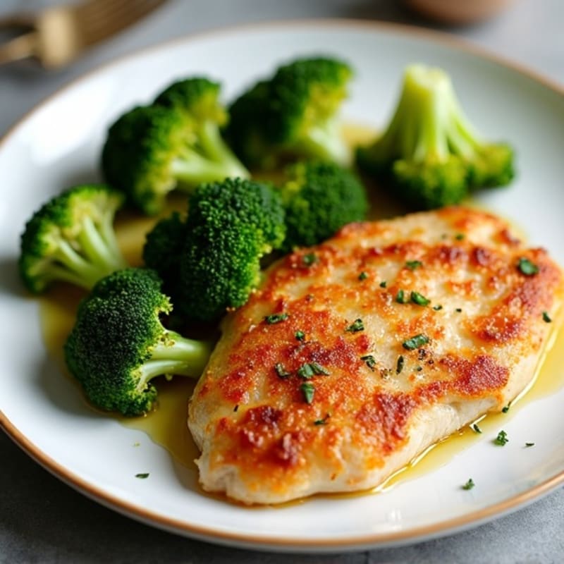 Crispy Pan-Seared Chicken Breast with Garlic Roasted Broccoli