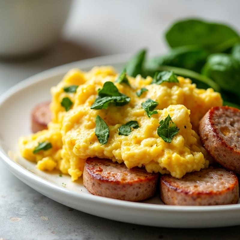 Turkey Sausage and Egg Scramble with Creamy Avocado and Cottage Cheese