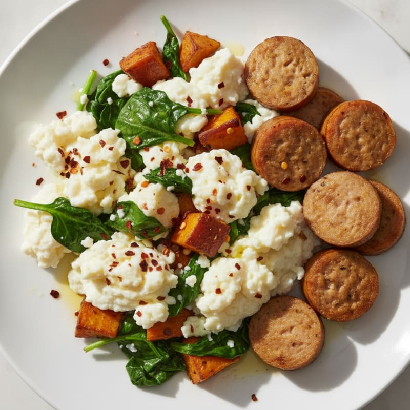 Egg White Scramble with Turkey Sausage and Sautéed Spinach