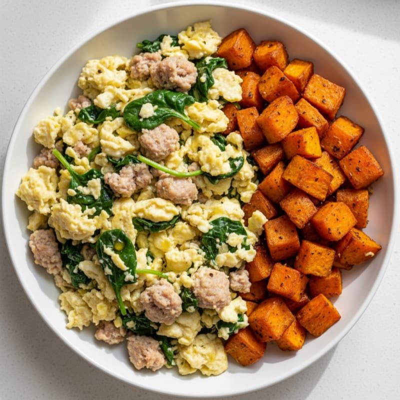 Egg White and Turkey Sausage Scramble with Spinach and Roasted Sweet Potato