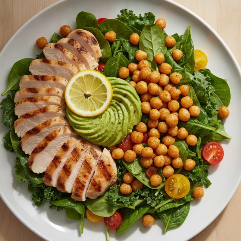Grilled Chicken Salad with Creamy Avocado and Roasted Chickpeas