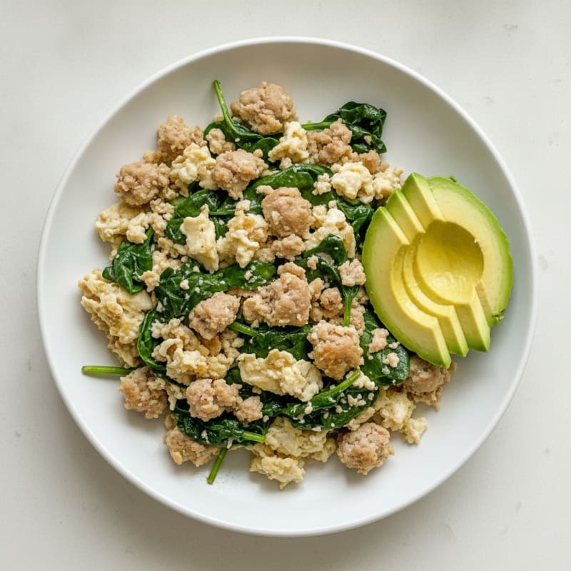 Egg White and Turkey Sausage Scramble with Sautéed Spinach