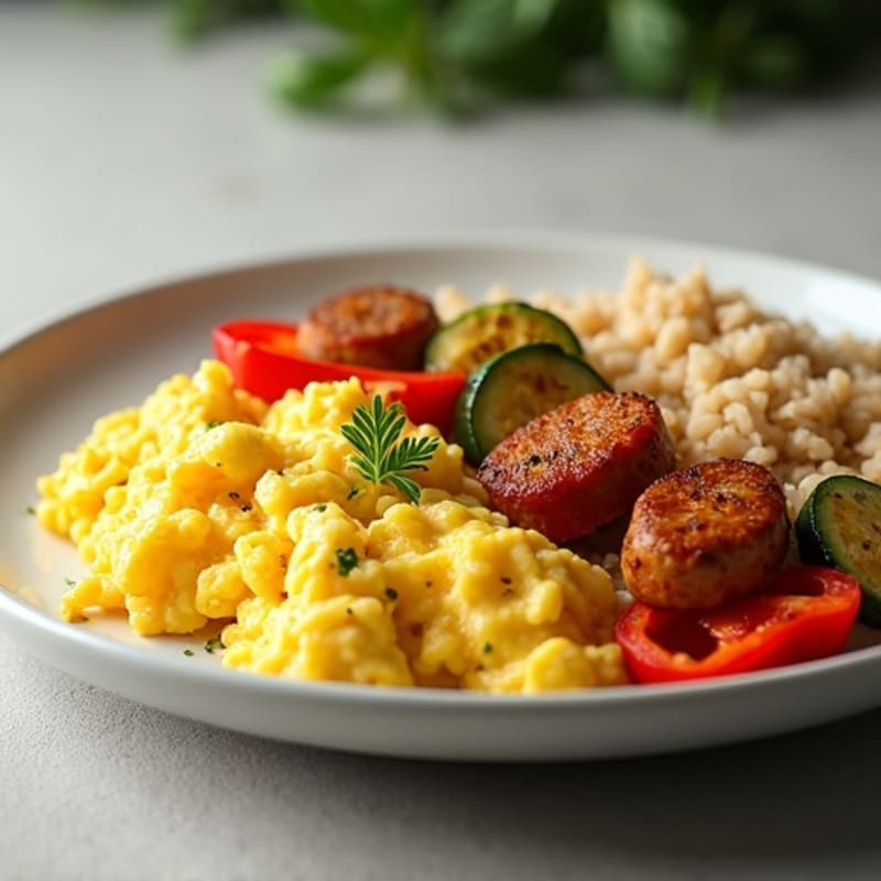Scrambled Egg Whites with Chicken Sausage, Roasted Vegetables & Brown Rice