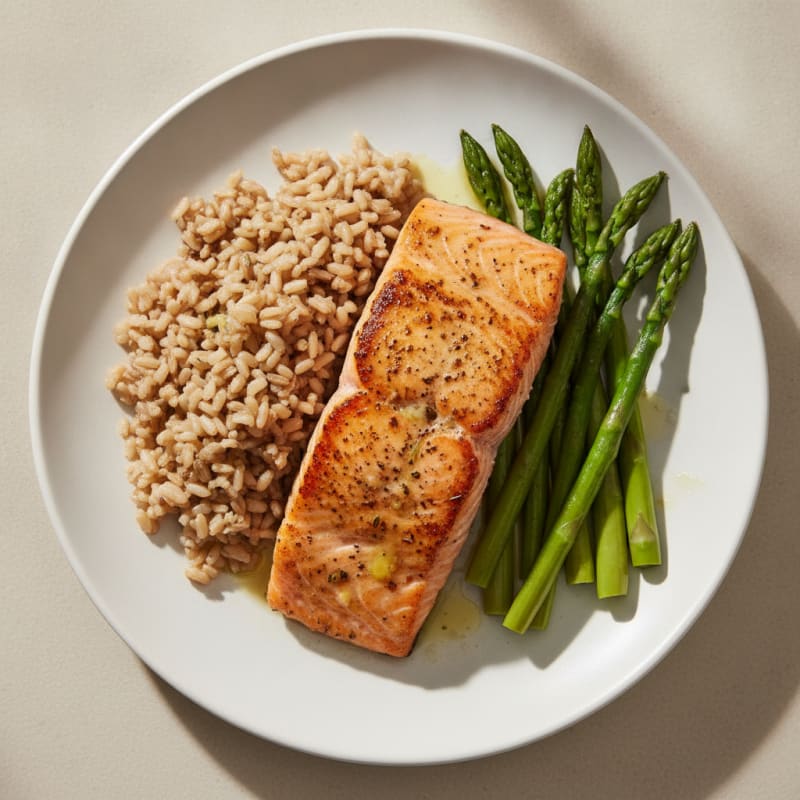 Seared Salmon Fillet with Steamed Asparagus and Brown Rice