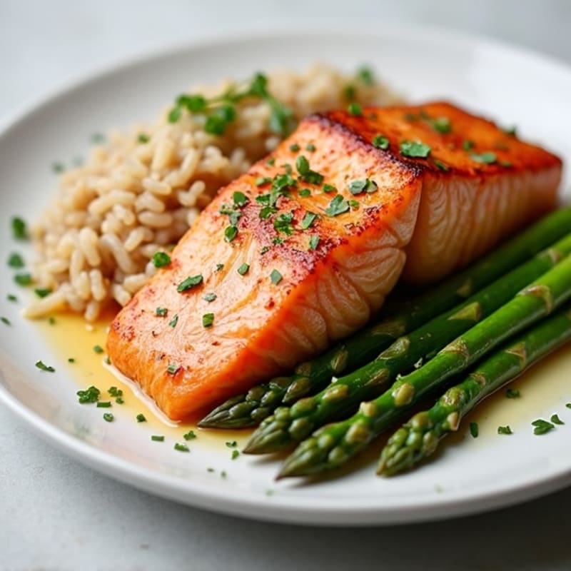Seared Salmon Fillet with Steamed Asparagus and Brown Rice
