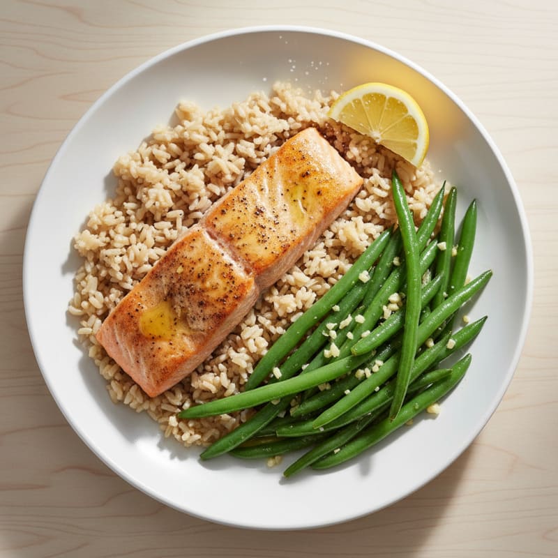 Seared Salmon with Garlic Green Beans and Brown Rice