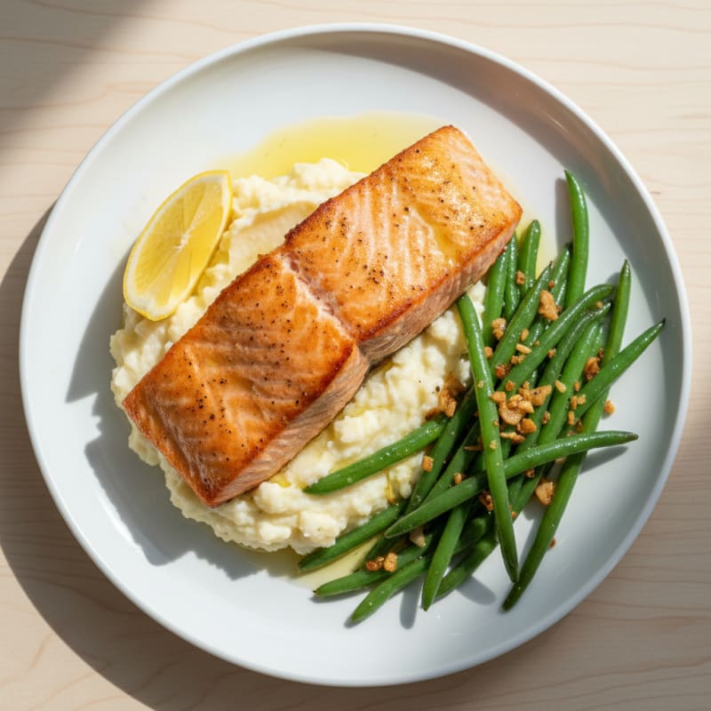 Seared Salmon with Garlic Green Beans and Cauliflower Mash