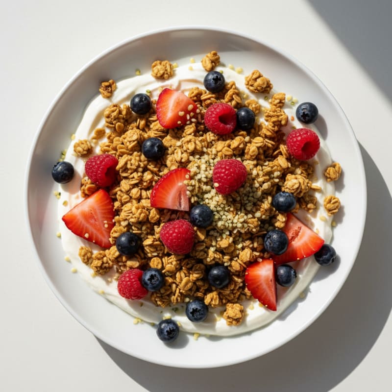 Silky Greek Yogurt Bowl with Protein Granola and Mixed Berries