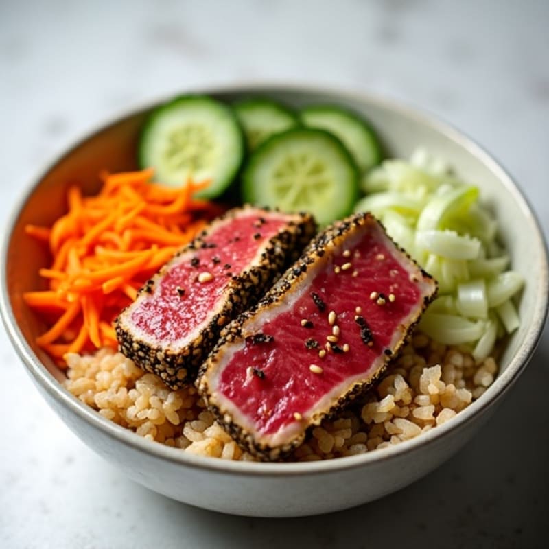 Sesame-Crusted Ahi Tuna Rice Bowl with Fresh Vegetables