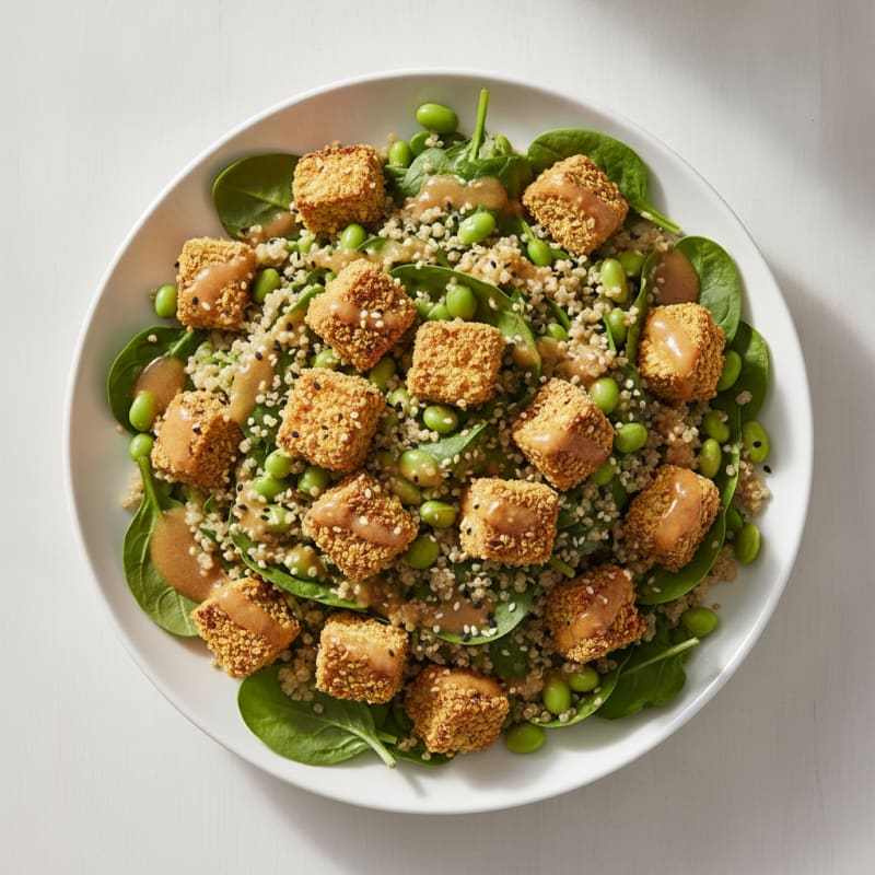 Crispy Tofu and Quinoa Power Salad with Edamame