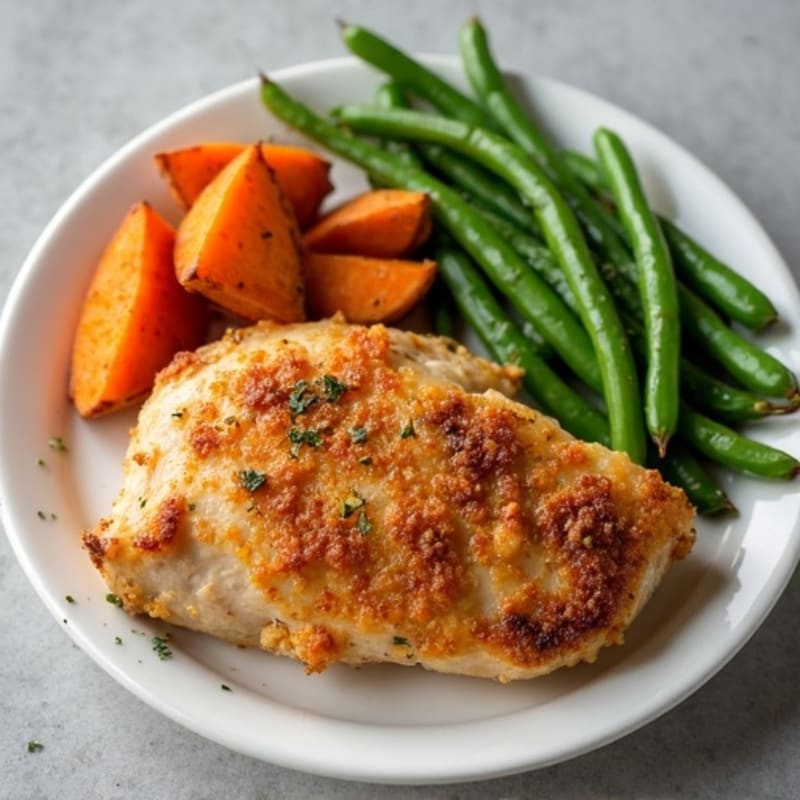Crispy Baked Chicken with Roasted Sweet Potatoes and Green Beans