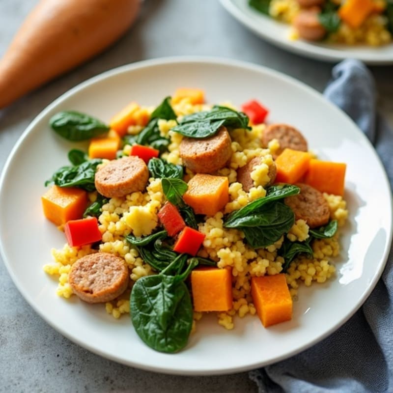Egg White and Turkey Sausage Scramble with Spinach and Sweet Potato