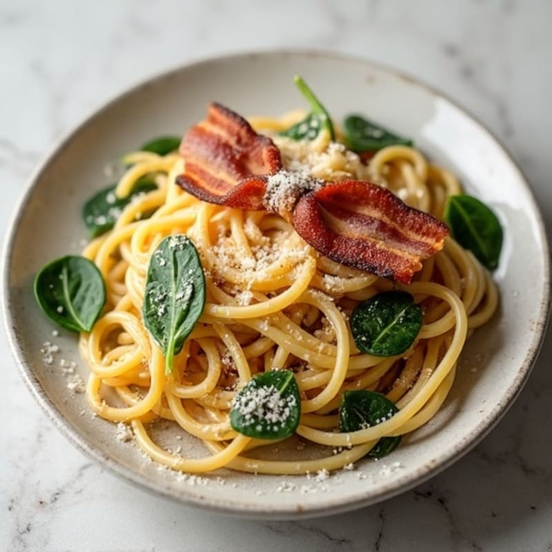 Creamy Whole Wheat Carbonara with Crispy Lean Bacon and Fresh Spinach