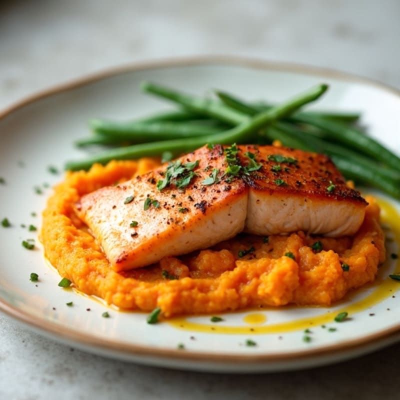 Seared Salmon with Garlic Green Beans and Sweet Potato Mash