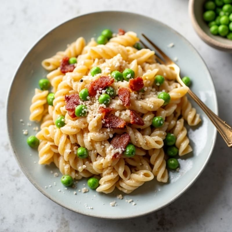 Creamy High-Protein Pasta with Crispy Turkey Bacon and Green Peas