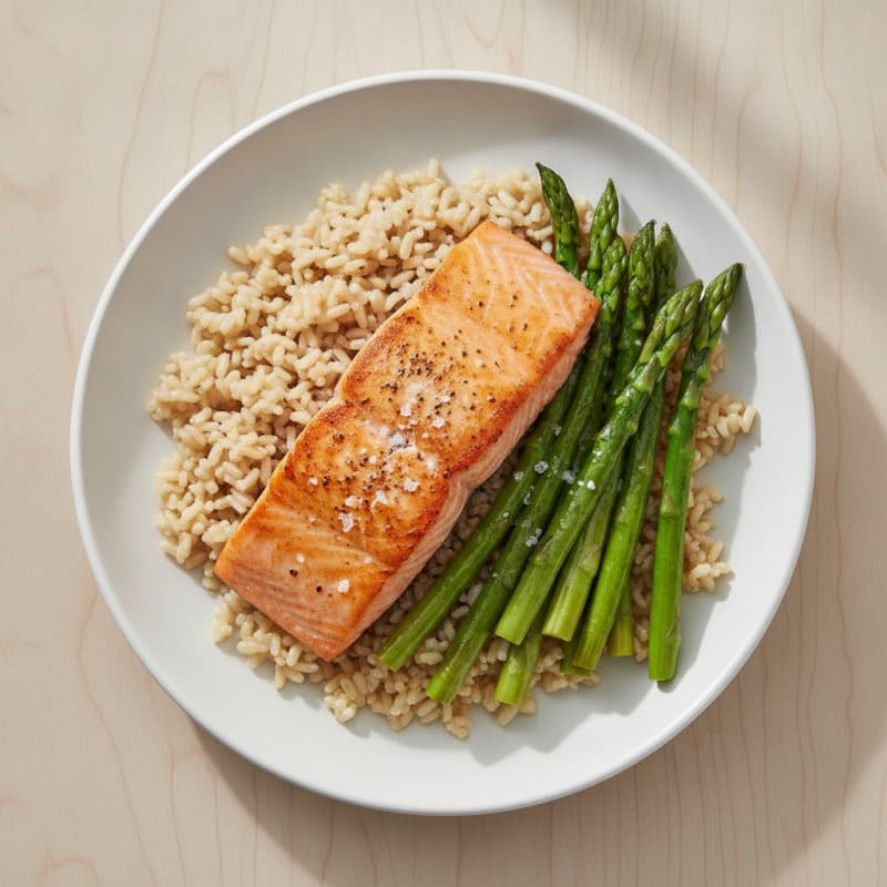 Seared Salmon with Steamed Asparagus and Brown Rice