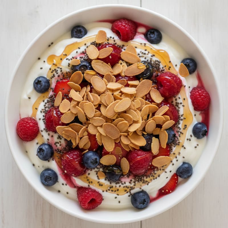 Silky Greek Yogurt with Mixed Berries and Chia Seeds