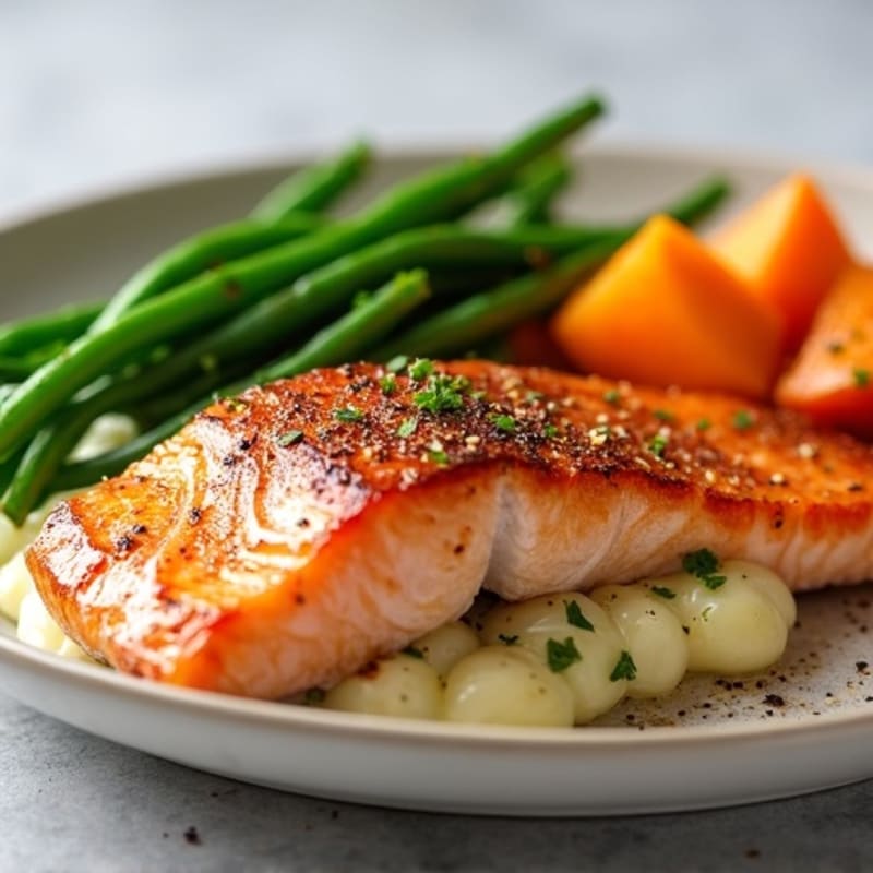 Seared Salmon with Roasted Sweet Potato and Green Beans