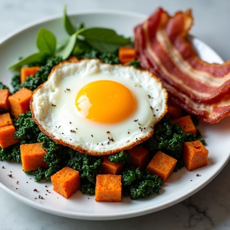 Crispy Turkey Bacon with Roasted Sweet Potato Hash and Sautéed Kale