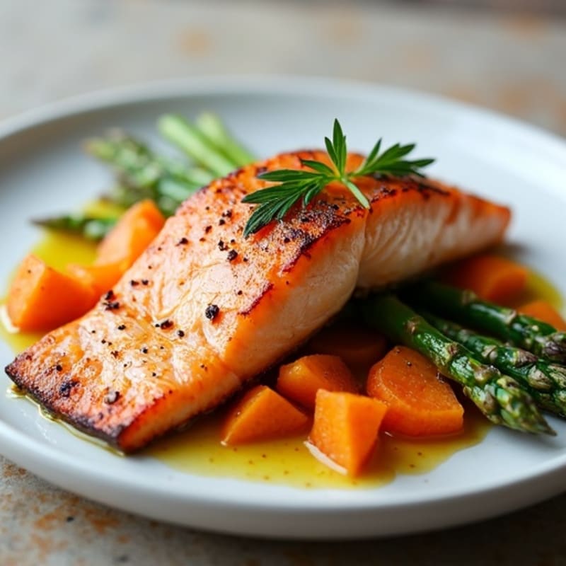 Seared Salmon with Roasted Sweet Potato and Asparagus