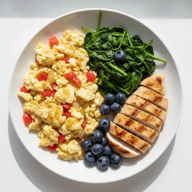 Egg White Veggie Scramble with Sautéed Spinach and Grilled Chicken Breast