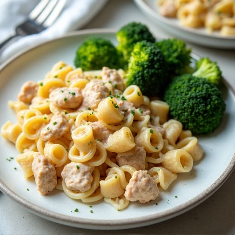Creamy Garlic Chicken Pasta with Roasted Broccoli