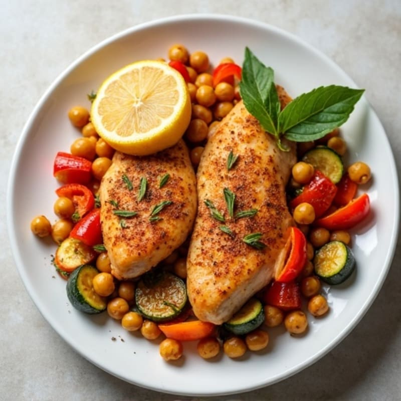 Spiced Lemon Chicken with Roasted Vegetables and Chickpeas