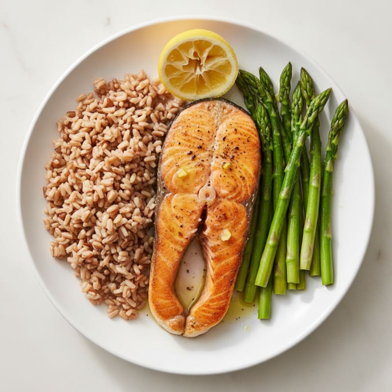 Seared Salmon with Steamed Asparagus and Brown Rice