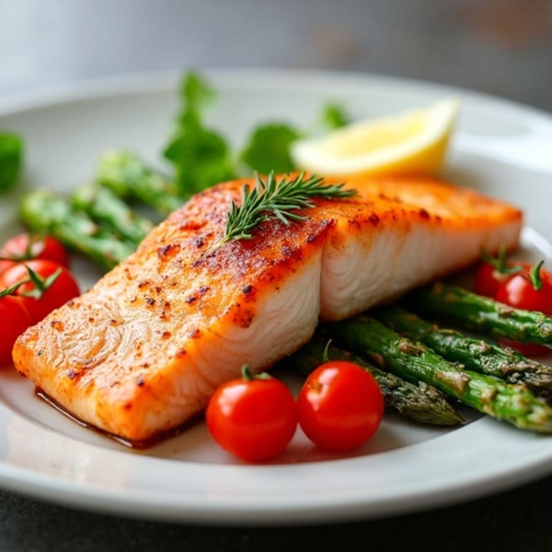 Crispy Pan-Seared Salmon with Roasted Asparagus and Cherry Tomatoes