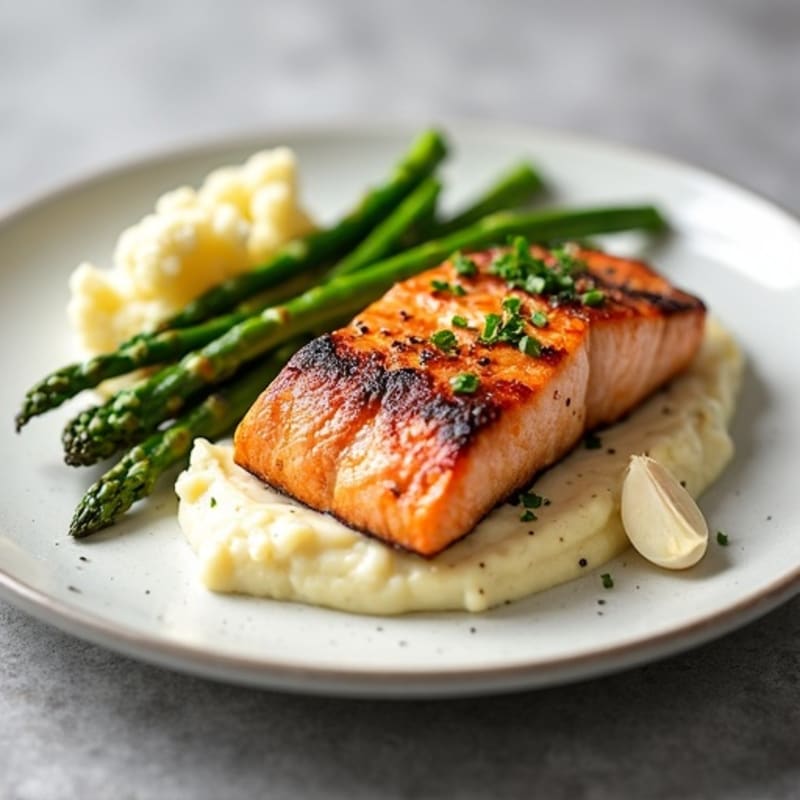 Seared Salmon with Steamed Asparagus and Garlic Mashed Cauliflower