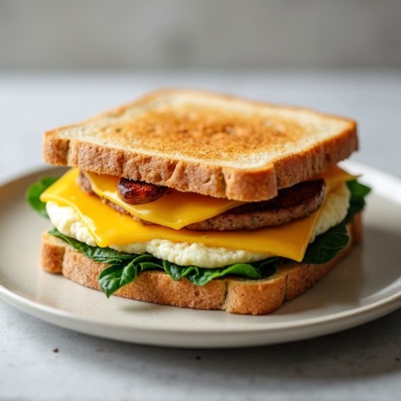 Egg White and Turkey Sausage Breakfast Sandwich with Cheddar and Sautéed Spinach