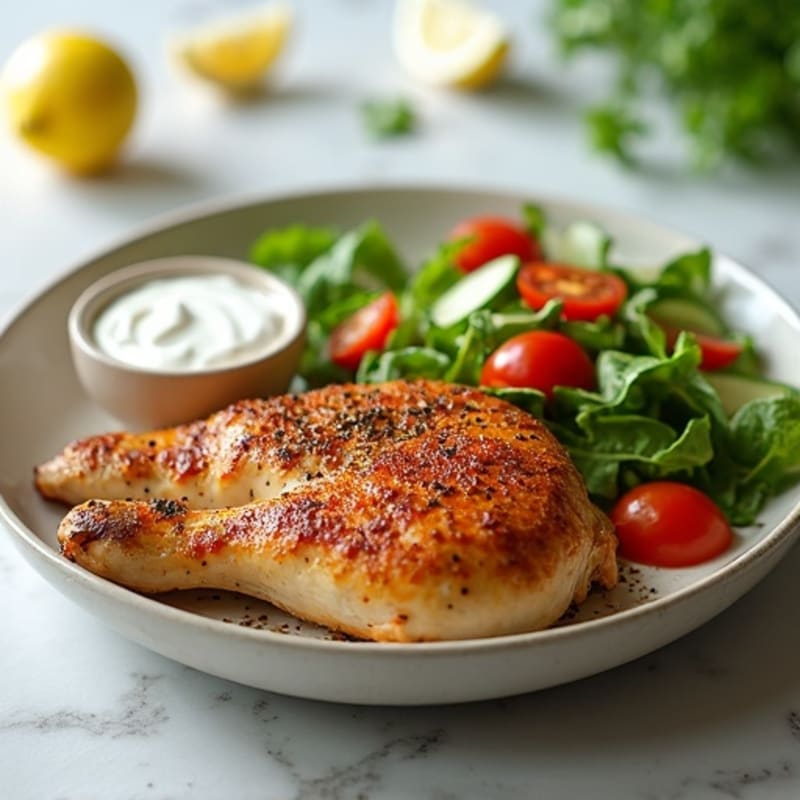 Spiced Roasted Chicken with Creamy Garlic Sauce and Fresh Salad