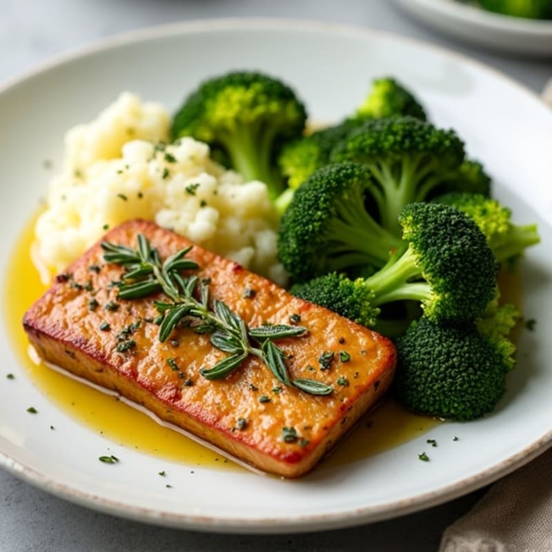 Herb-Roasted Tempeh with Broccoli and Garlic Mashed Cauliflower
