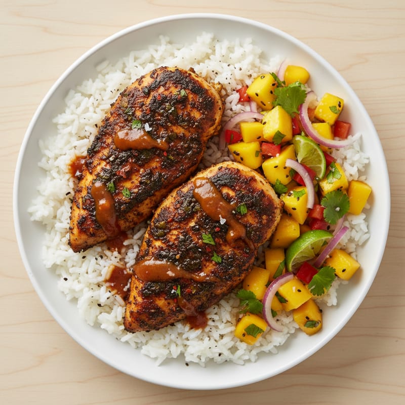 Jerk Chicken with Coconut Rice and Mango Salsa
