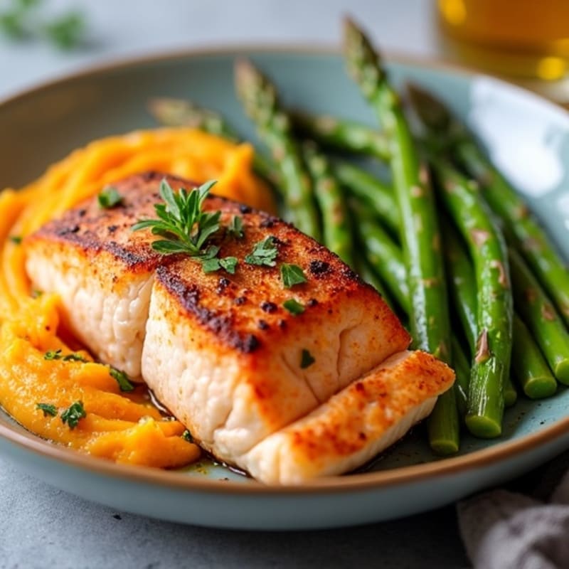 Seared Salmon with Steamed Asparagus and Sweet Potato Mash
