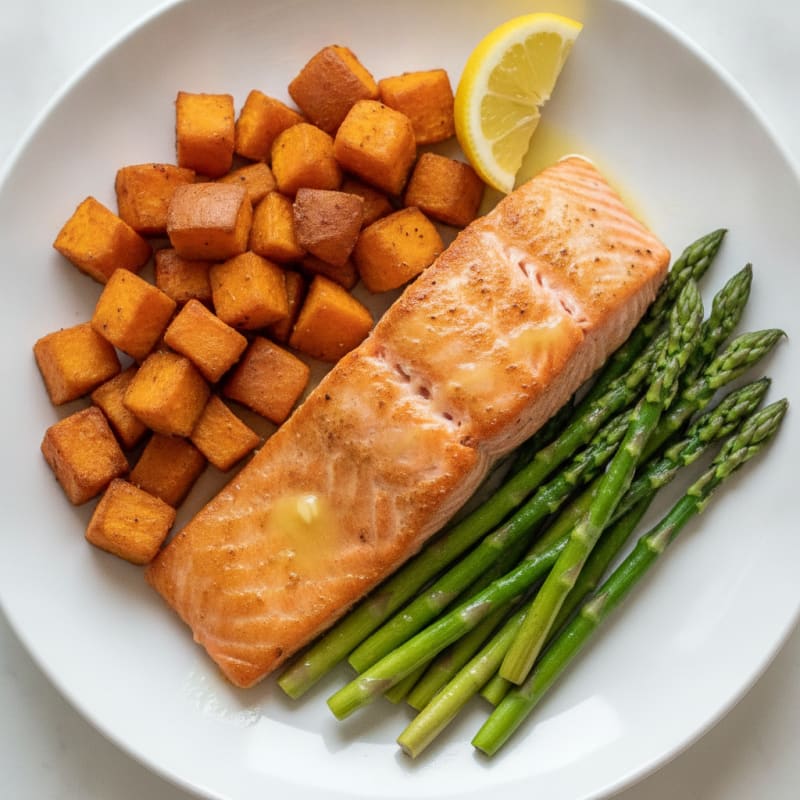 Seared Salmon with Roasted Sweet Potatoes and Asparagus