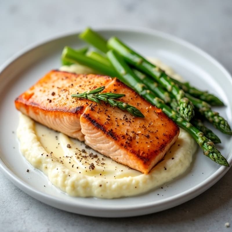 Seared Salmon with Steamed Asparagus and Cauliflower Mash