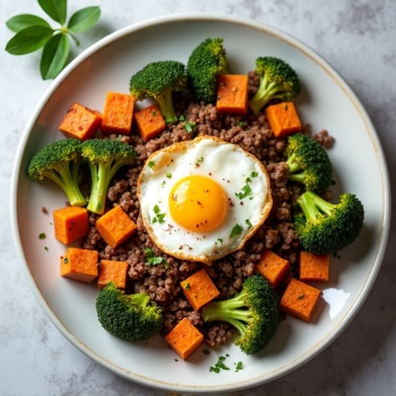 Savory Ground Beef and Crispy Sweet Potato Hash with Roasted Broccoli