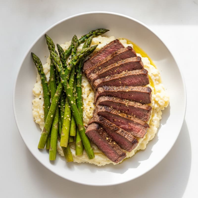 Seared Lean Beef Strips with Roasted Asparagus and Cauliflower Mash