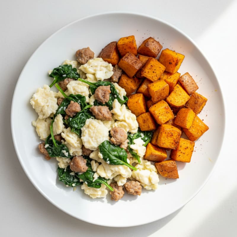 Egg White and Turkey Sausage Scramble with Spinach and Roasted Sweet Potatoes
