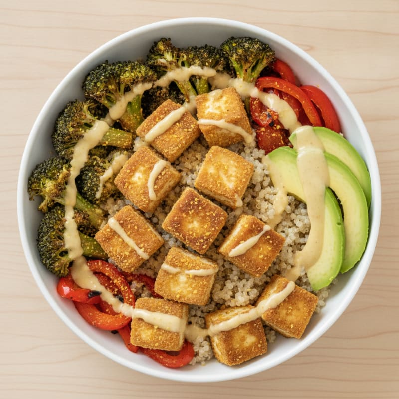 Crispy Tofu and Quinoa Power Bowl with Roasted Vegetables