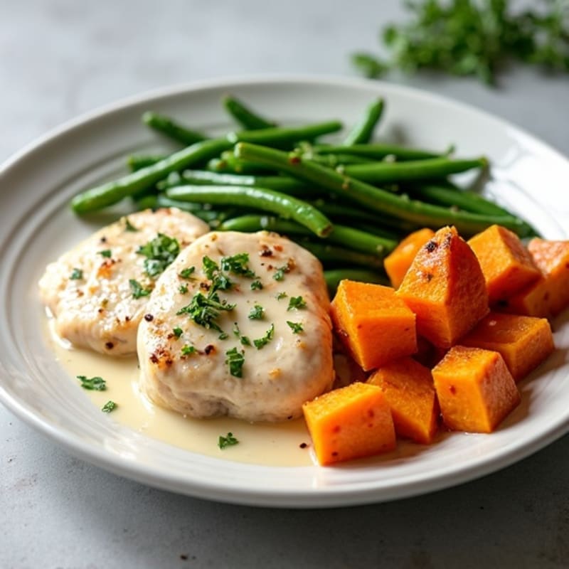 Creamy Coconut Chicken with Roasted Sweet Potatoes and Green Beans