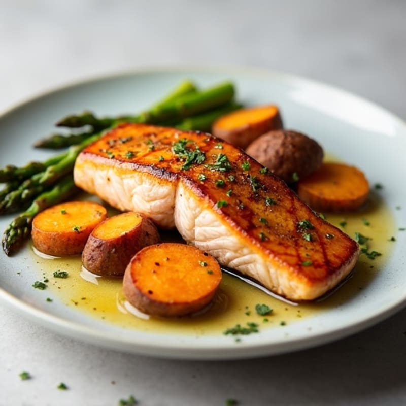 Seared Salmon with Roasted Sweet Potato and Asparagus