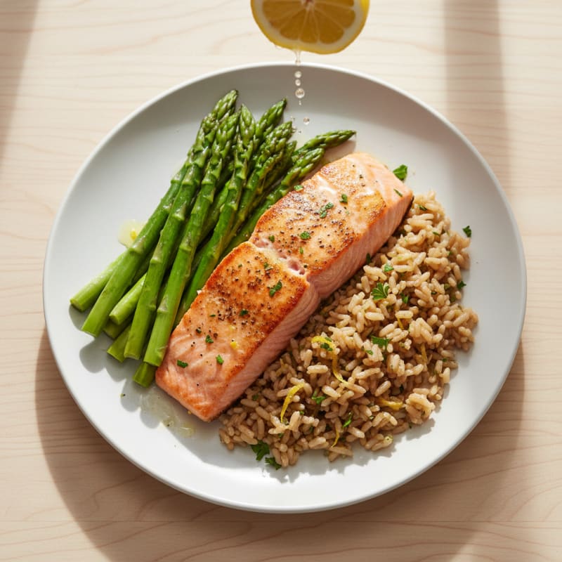 Seared Salmon Fillet with Steamed Asparagus and Lemon Herb Rice