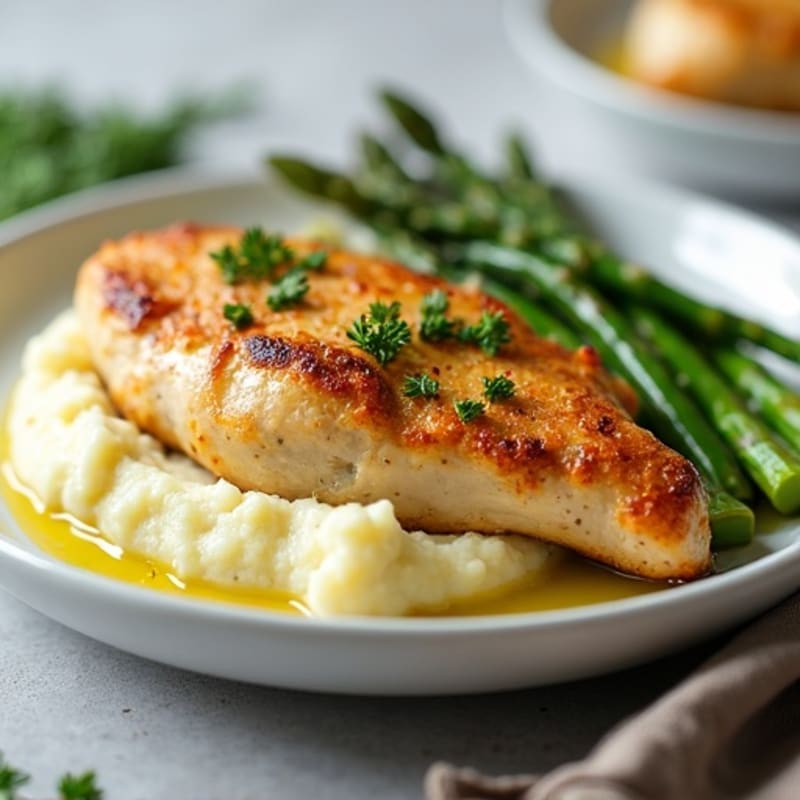 Pan-Seared Chicken with Creamy Garlic Mashed Potatoes and Crispy Roasted Asparagus