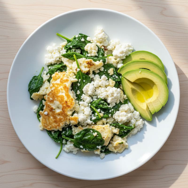 Egg White and Spinach Scramble with Cottage Cheese and Sliced Avocado