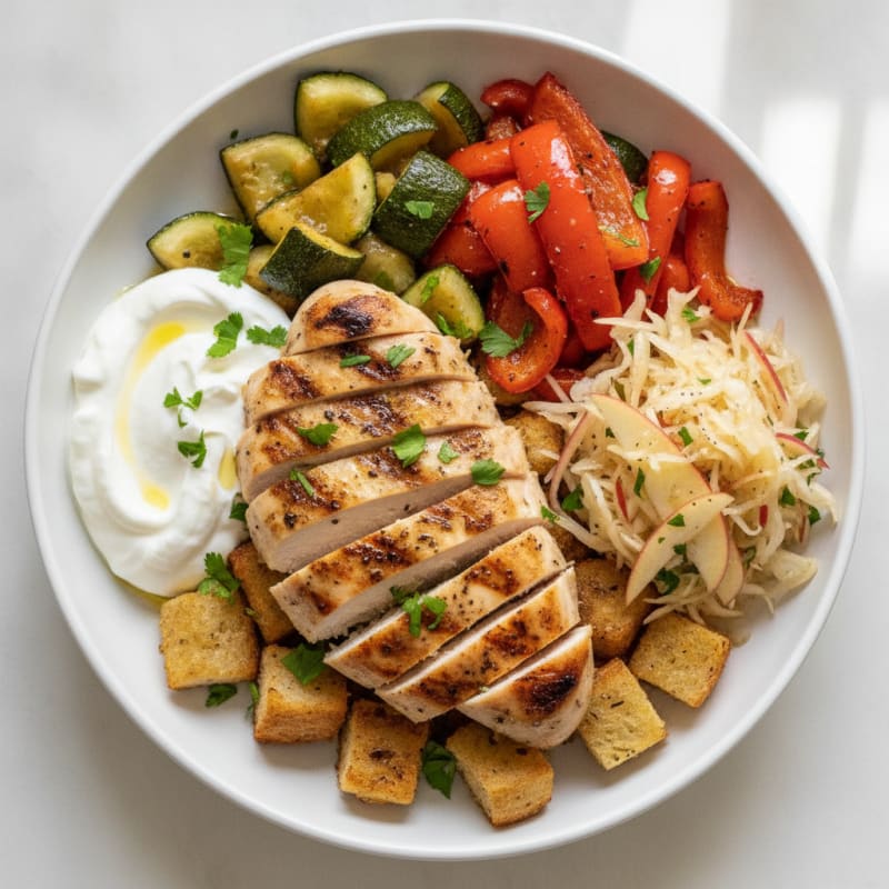 Grilled Chicken and Roasted Vegetable Bowl with Fermented Slaw